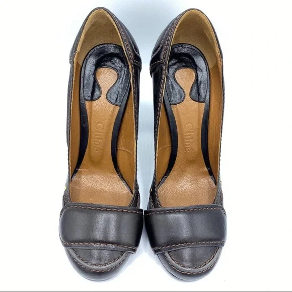 Chloe Brown Leather Round Toe Pumps Heels - Picture 3 of 14